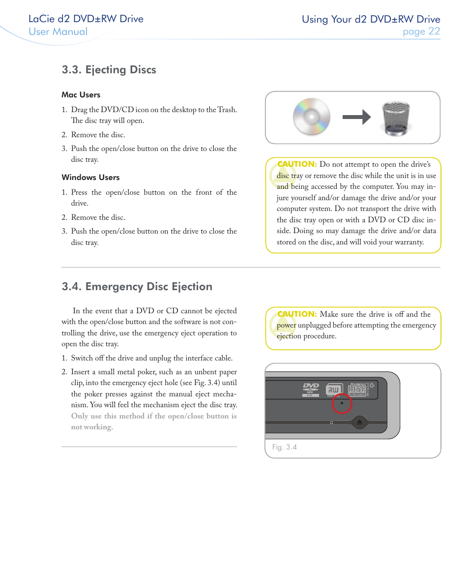 Ejecting discs, Emergency disc ejection | LaCie 400USB User Manual | Page 23 / 39