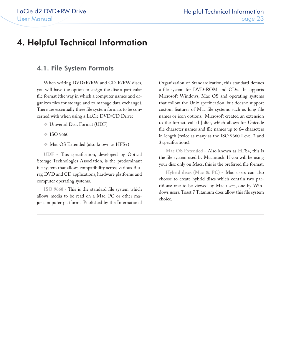 Helpful technical information, File system formats | LaCie 400USB User Manual | Page 24 / 39