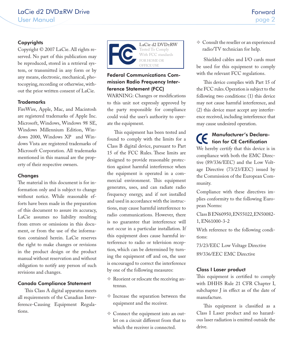 Lacie d2 dvd ±rw drive user manual page  forward | LaCie 400USB User Manual | Page 3 / 39