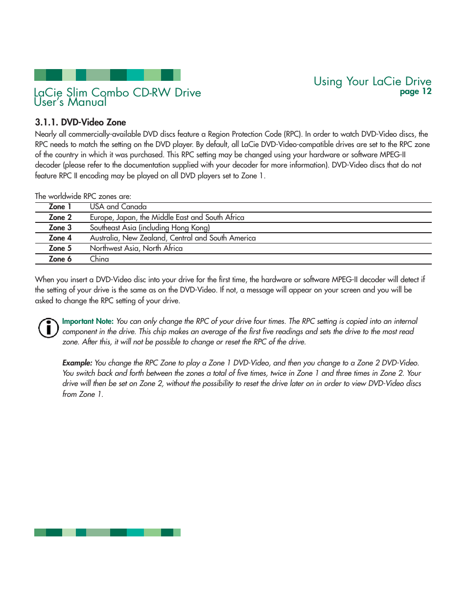 Dvd-video zone, Using your lacie drive, Lacie slim combo cd-rw drive user’s manual | LaCie 1038 User Manual | Page 13 / 28