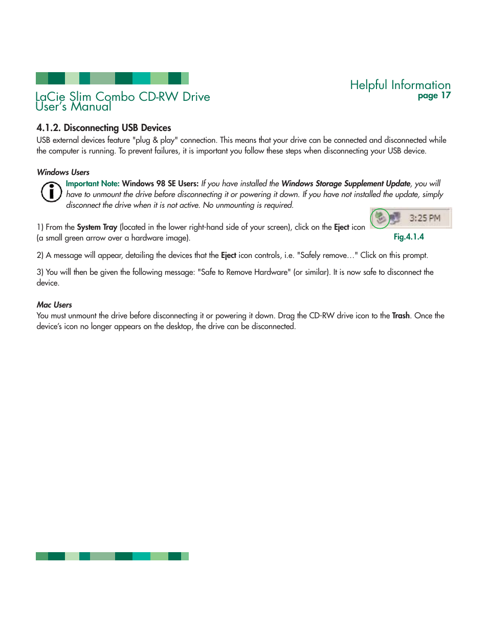 Disconnecting usb devices, Helpful information, Lacie slim combo cd-rw drive user’s manual | LaCie 1038 User Manual | Page 18 / 28