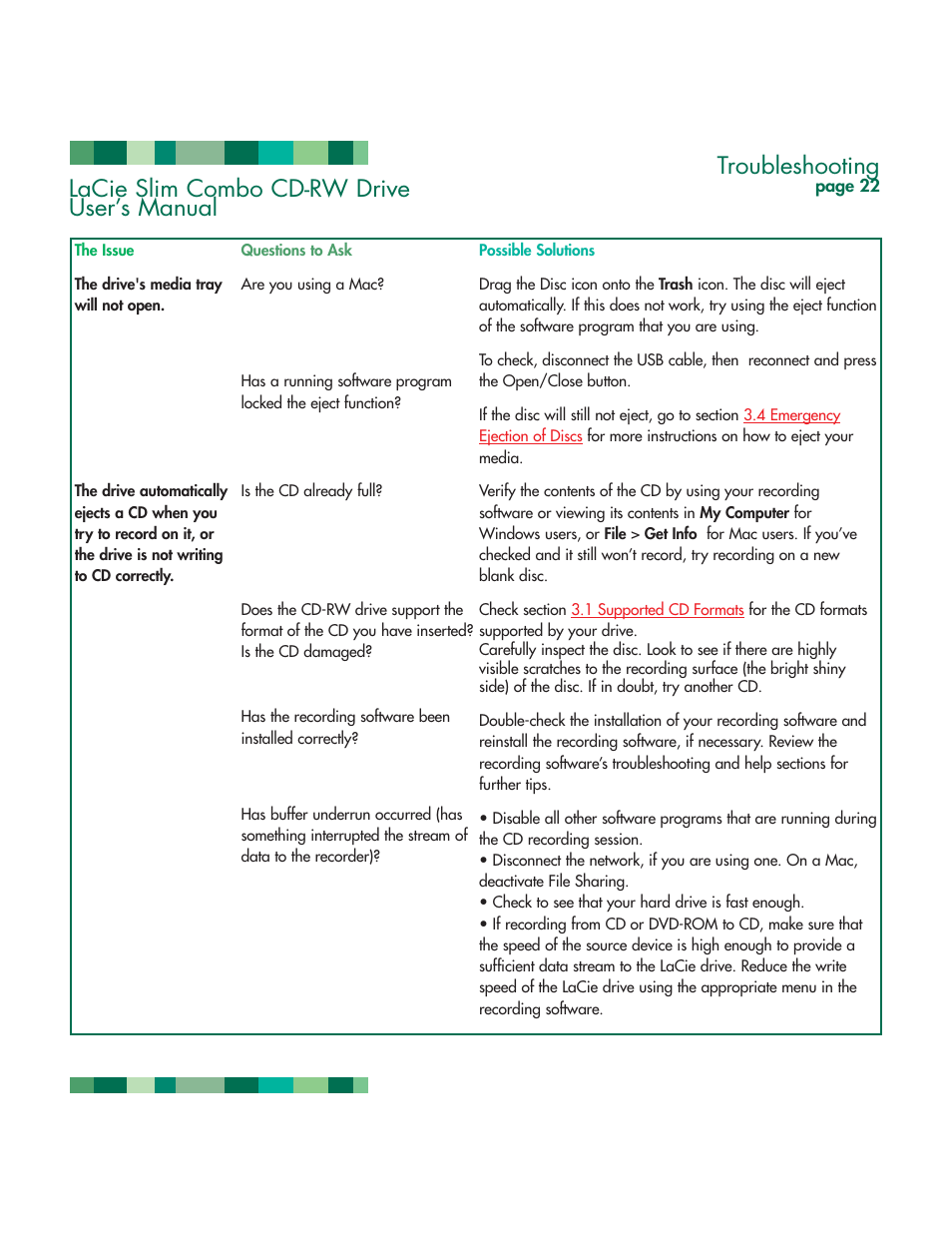 Troubleshooting, Lacie slim combo cd-rw drive user’s manual | LaCie 1038 User Manual | Page 23 / 28