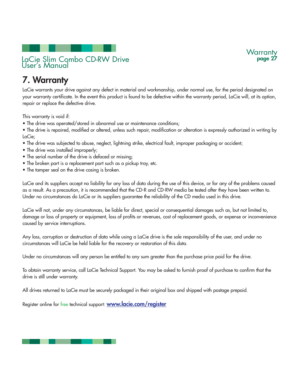 Warranty, Lacie slim combo cd-rw drive user’s manual | LaCie 1038 User Manual | Page 28 / 28