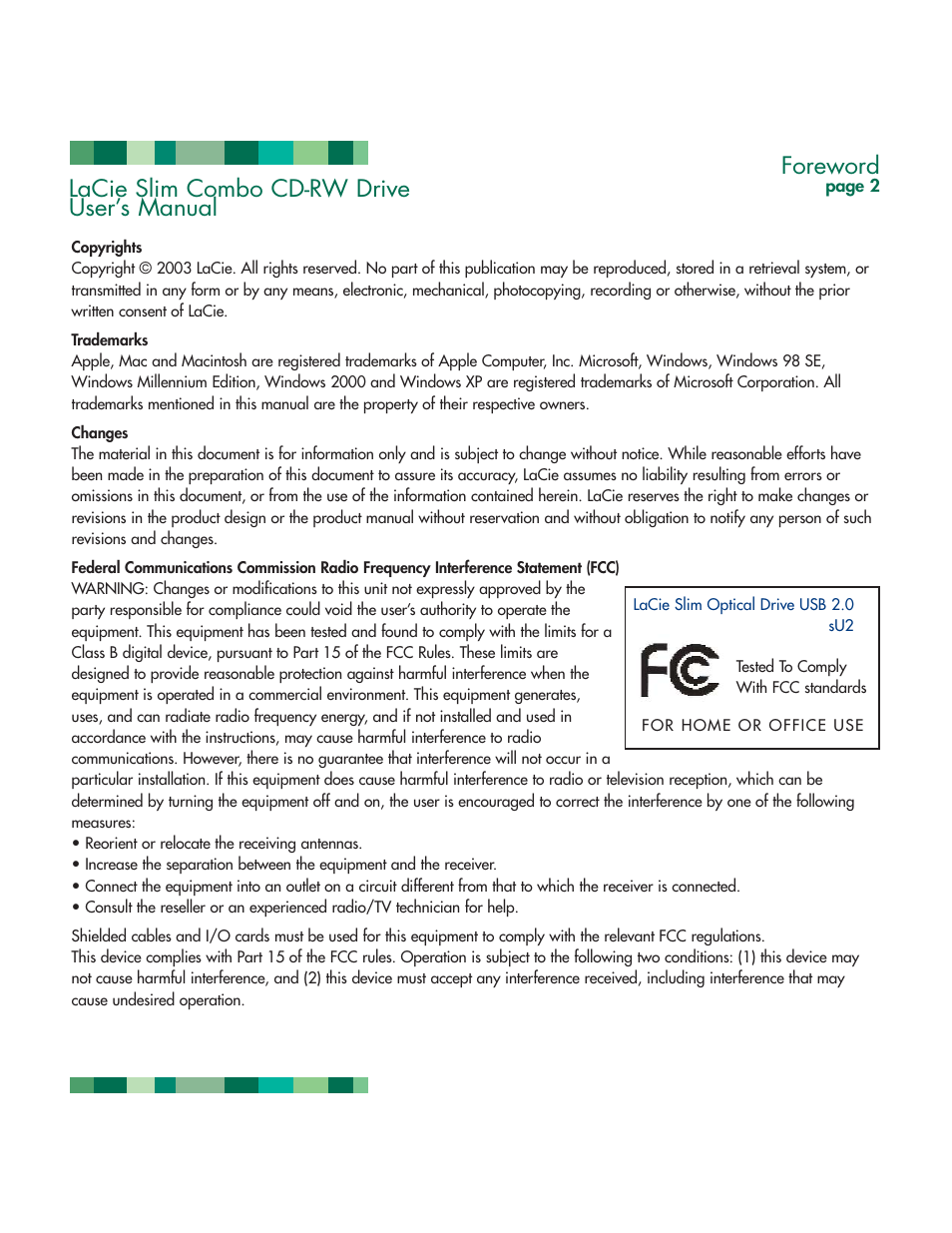 Foreword, Lacie slim combo cd-rw drive user’s manual | LaCie 1038 User Manual | Page 3 / 28