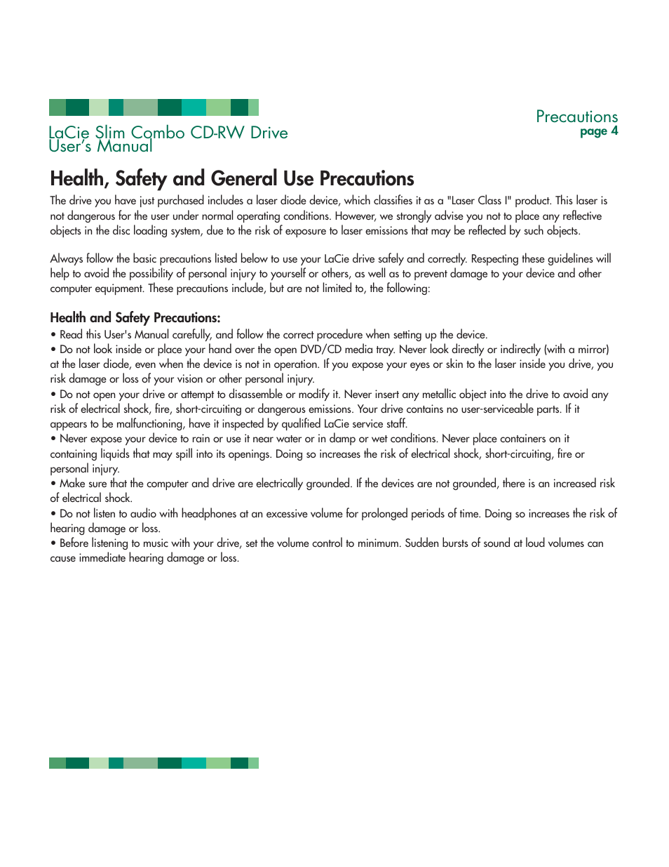 Precautions, Health, safety and general use precautions | LaCie 1038 User Manual | Page 5 / 28