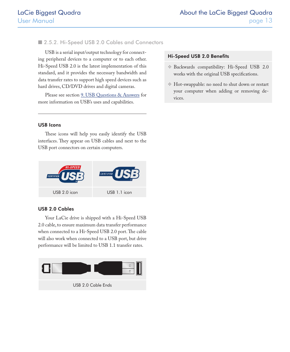 Hi-speed usb 2.0 cables and connectors | LaCie FIREWIRE 800/400 User Manual | Page 14 / 59