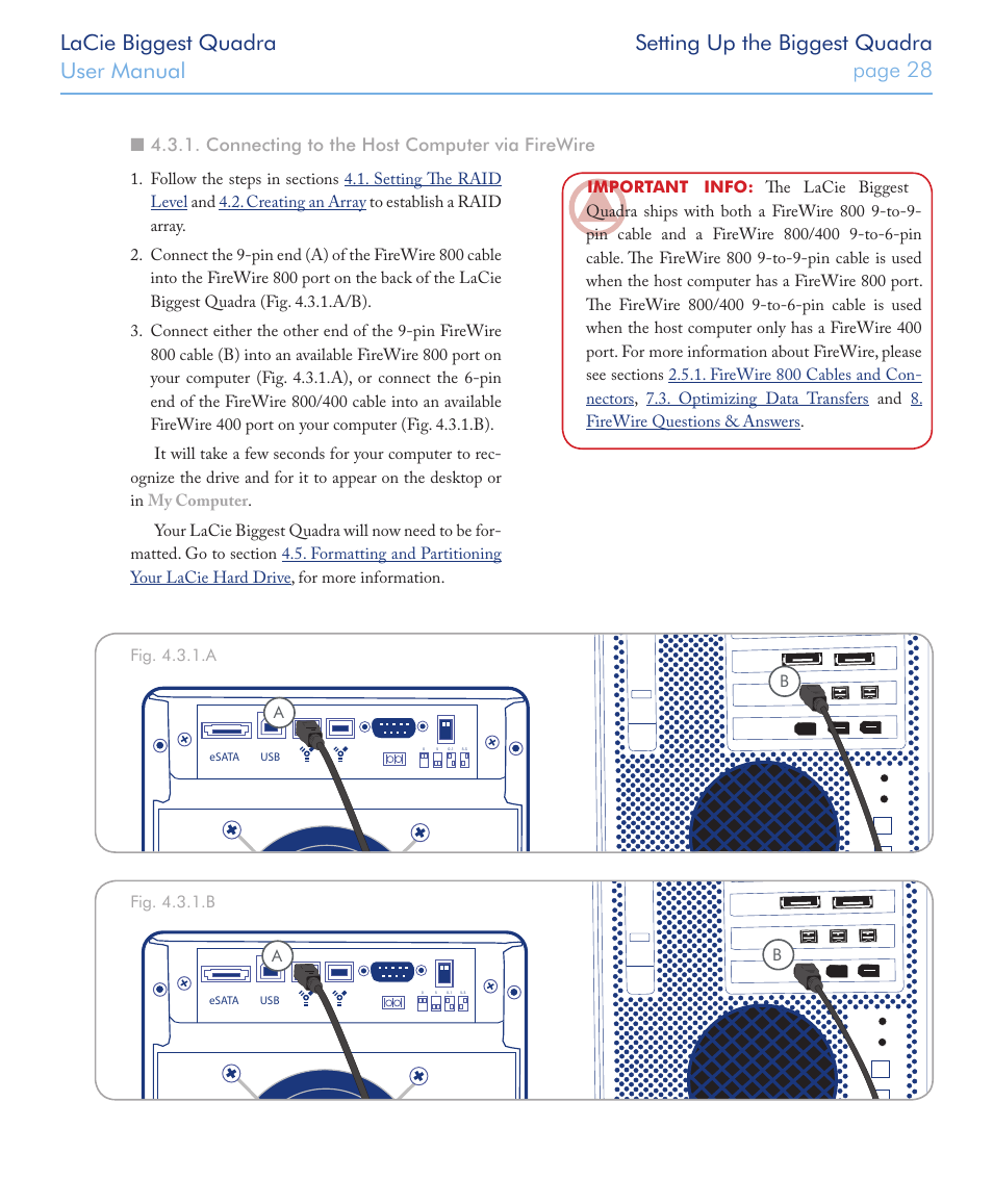 Connecting to the host computer via firewire | LaCie FIREWIRE 800/400 User Manual | Page 29 / 59