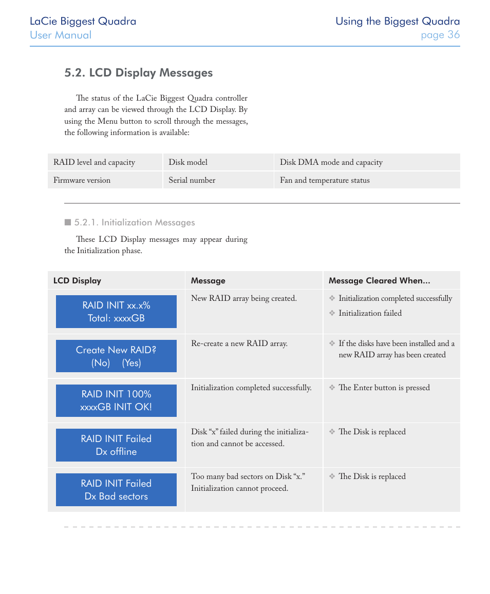 Lcd display messages, Initialization messages | LaCie FIREWIRE 800/400 User Manual | Page 37 / 59