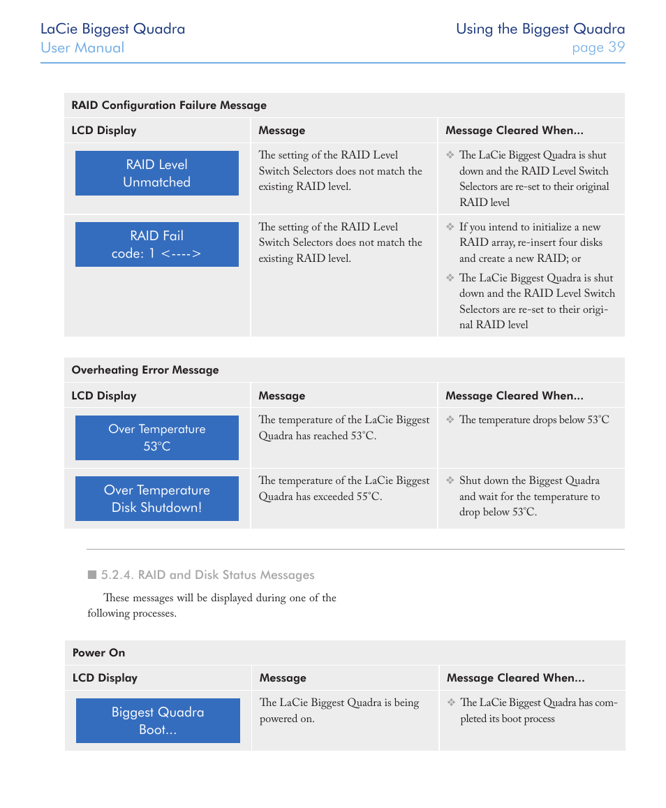 Raid and disk status messages | LaCie FIREWIRE 800/400 User Manual | Page 40 / 59