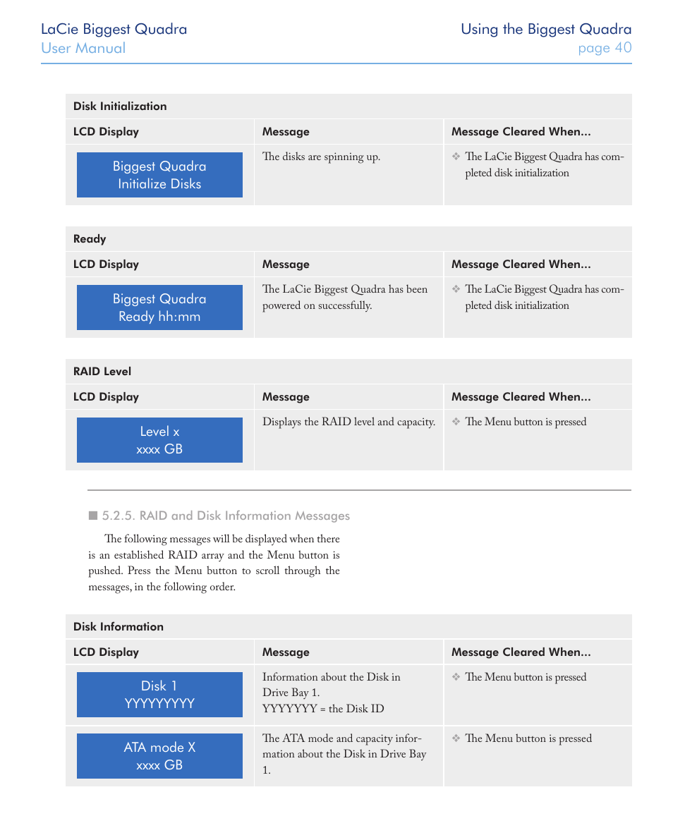 Raid and disk information messages | LaCie FIREWIRE 800/400 User Manual | Page 41 / 59