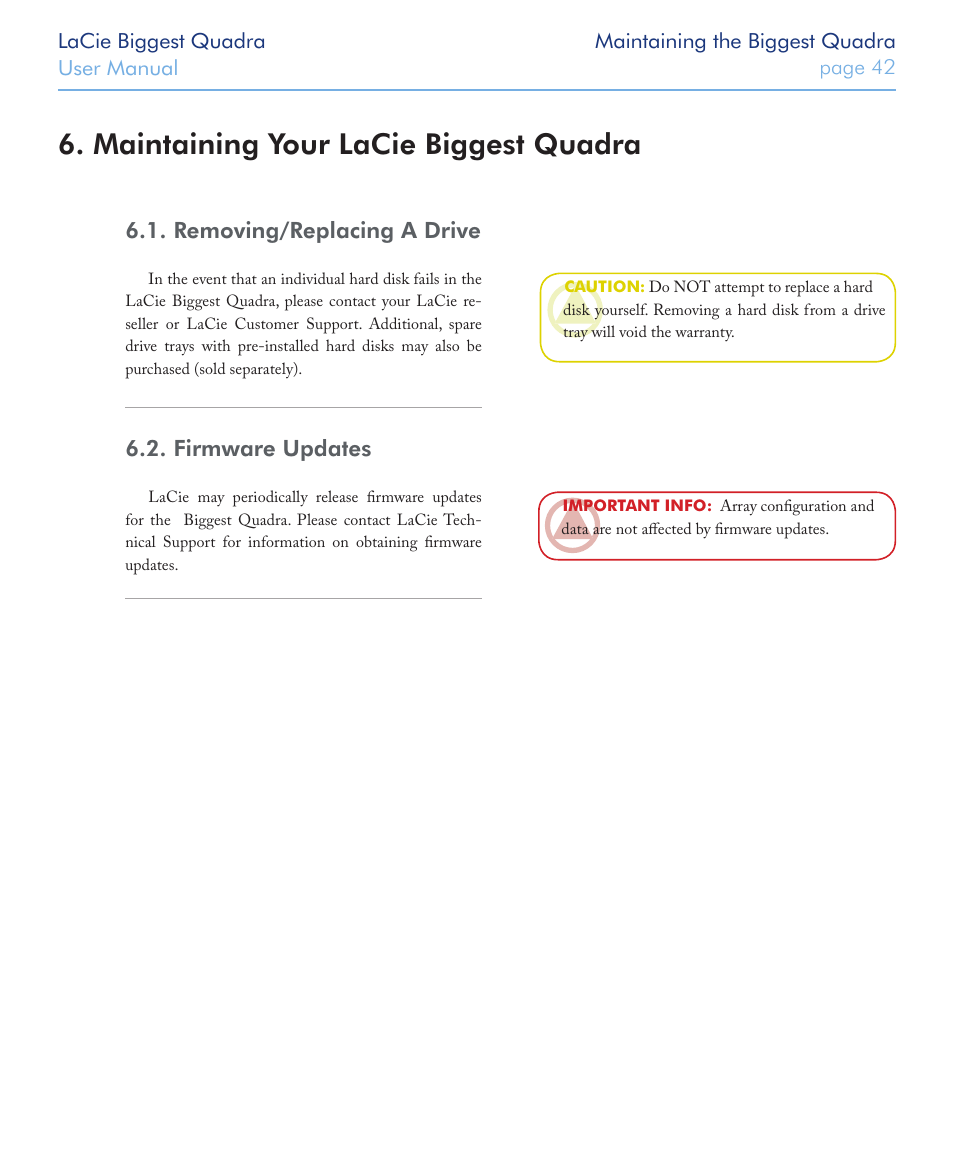 Maintaining your lacie biggest quadra, Removing/replacing a drive, Firmware updates | LaCie FIREWIRE 800/400 User Manual | Page 43 / 59