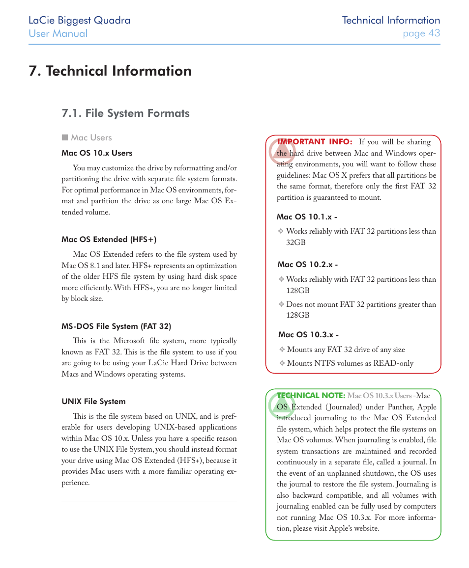 Technical information, File system formats | LaCie FIREWIRE 800/400 User Manual | Page 44 / 59