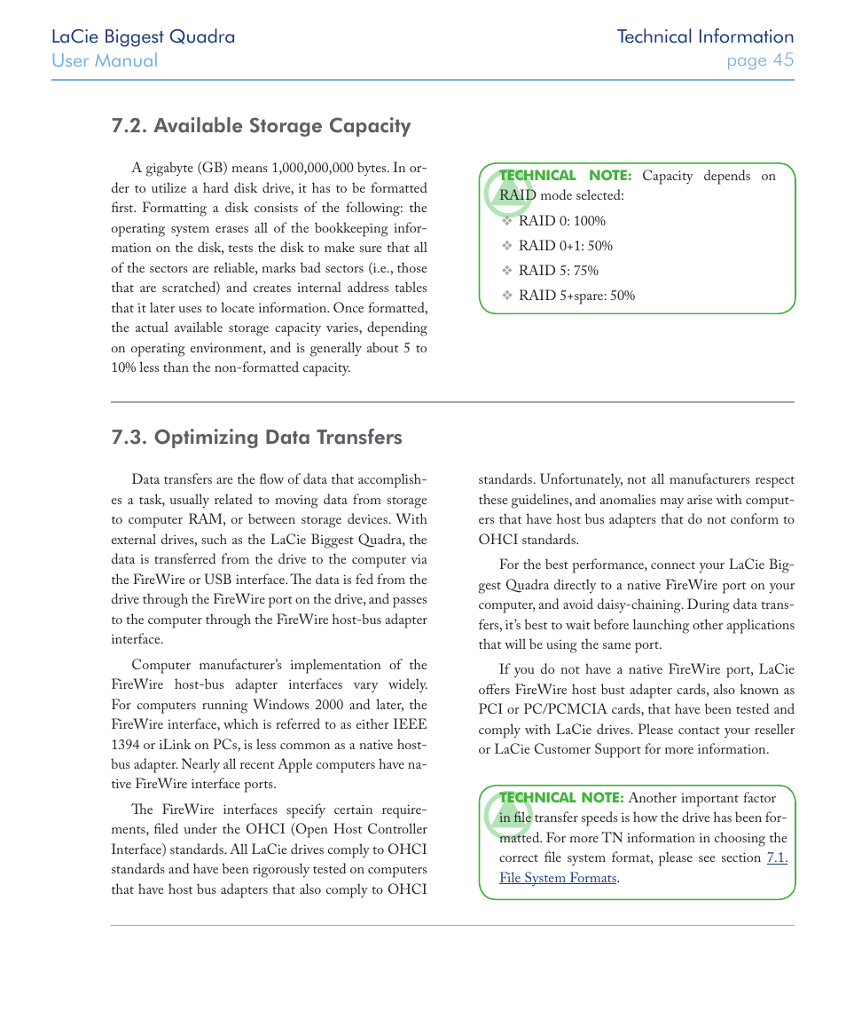 Available storage capacity, Optimizing data transfers | LaCie FIREWIRE 800/400 User Manual | Page 46 / 59