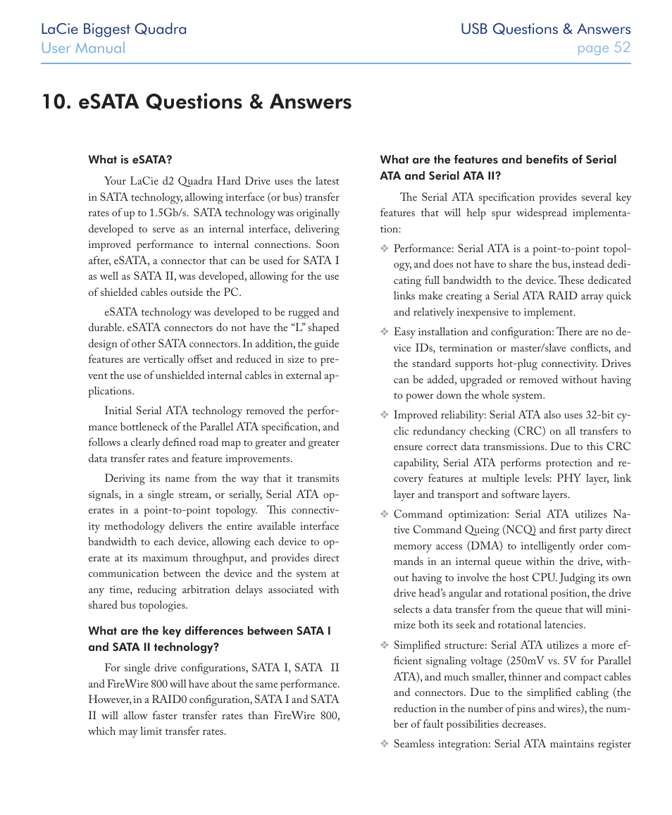 Esata questions & answers | LaCie FIREWIRE 800/400 User Manual | Page 53 / 59
