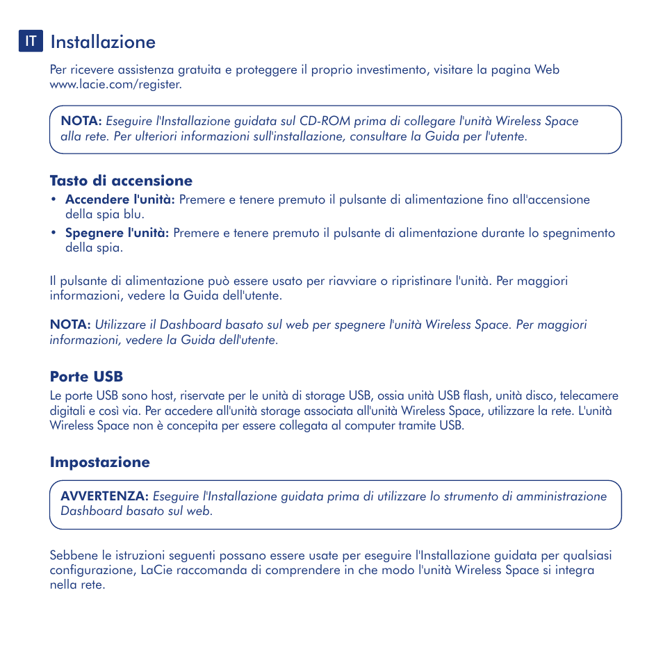 Installazione | LaCie Wireless Space User Manual | Page 10 / 40