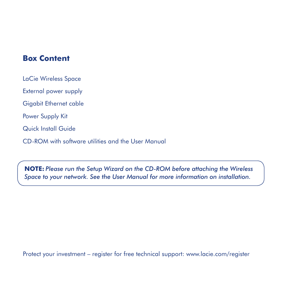 Box content | LaCie Wireless Space User Manual | Page 2 / 40