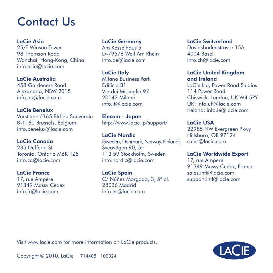 Contact us | LaCie Wireless Space User Manual | Page 40 / 40