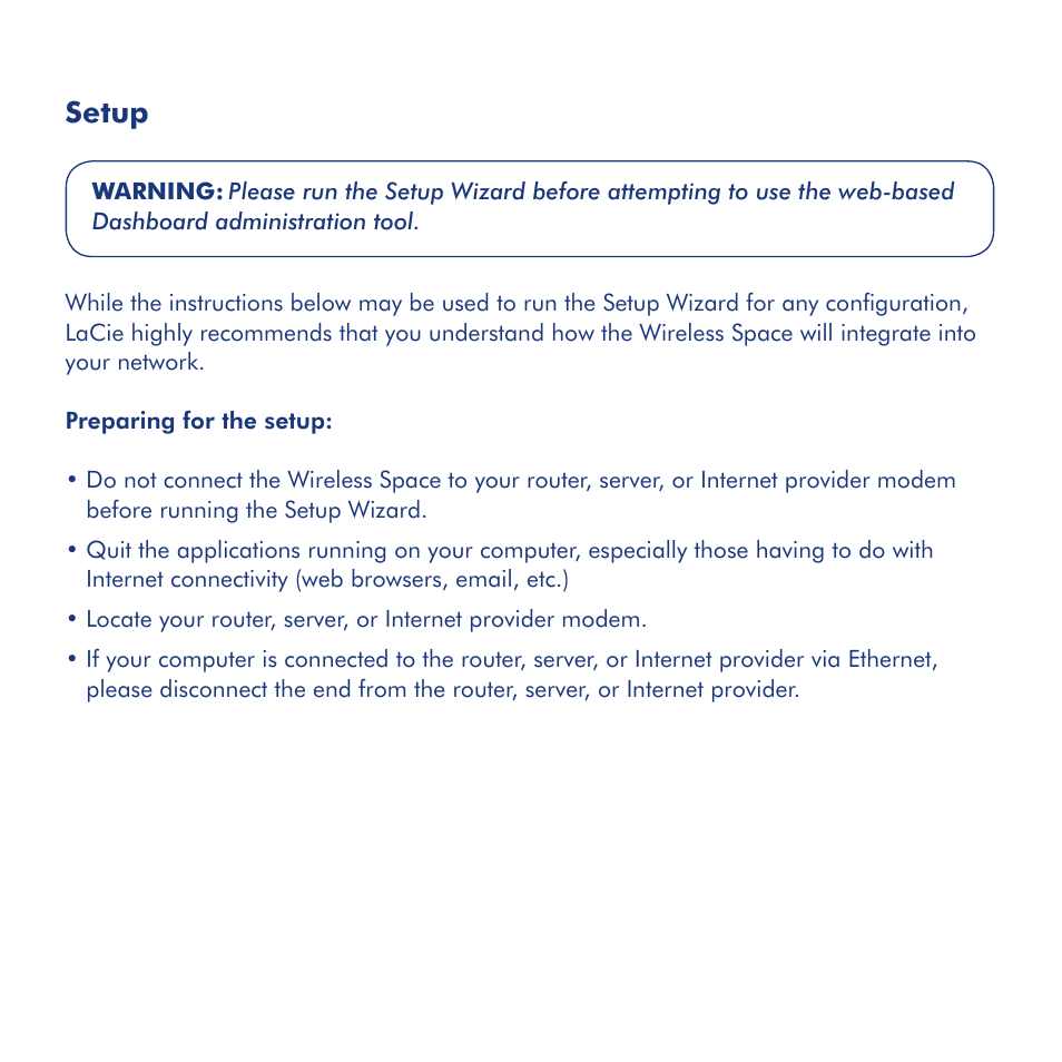 Setup | LaCie Wireless Space User Manual | Page 5 / 40