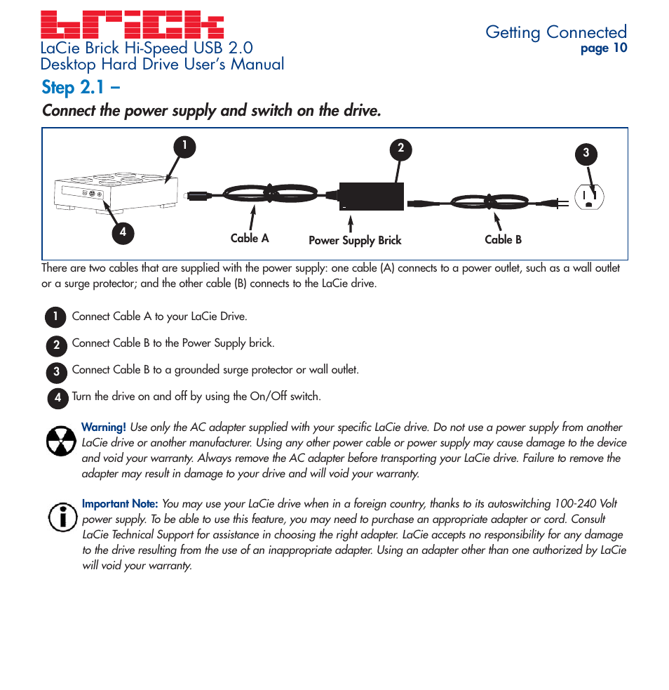 Connect the power supply and switch on the drive, Step 2.1, Getting connected | LaCie Brick User Manual | Page 10 / 28