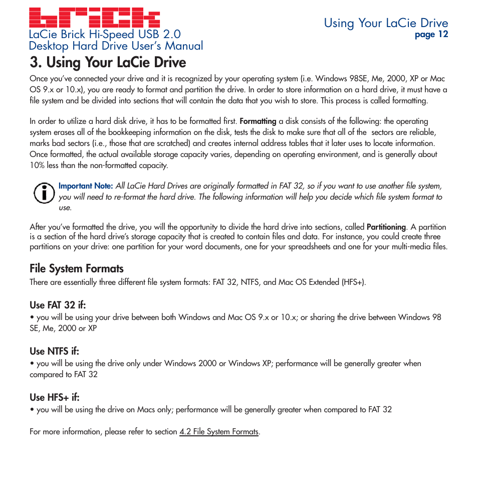 Using your lacie drive, File system formats | LaCie Brick User Manual | Page 12 / 28