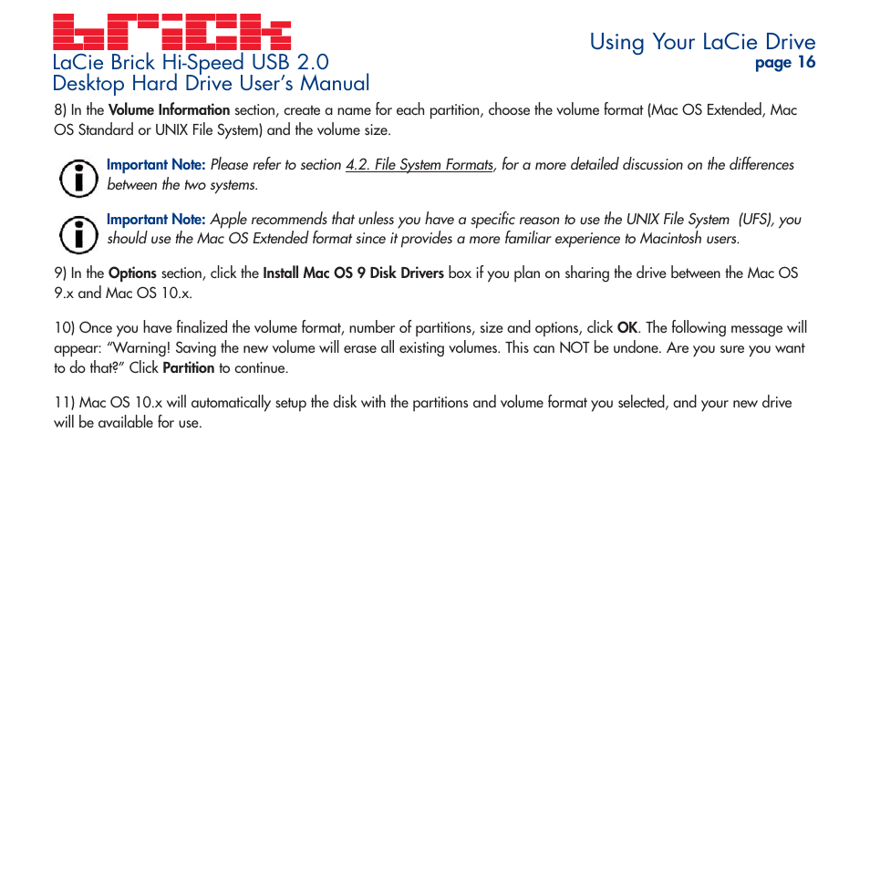 Using your lacie drive | LaCie Brick User Manual | Page 16 / 28
