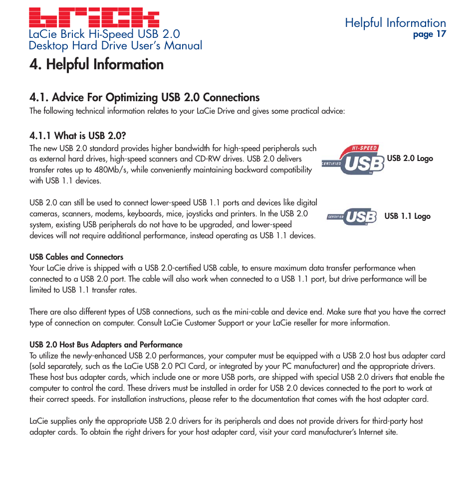 Helpful information, Advice for optimizing usb 2.0 connections, What is usb 2.0 | LaCie Brick User Manual | Page 17 / 28