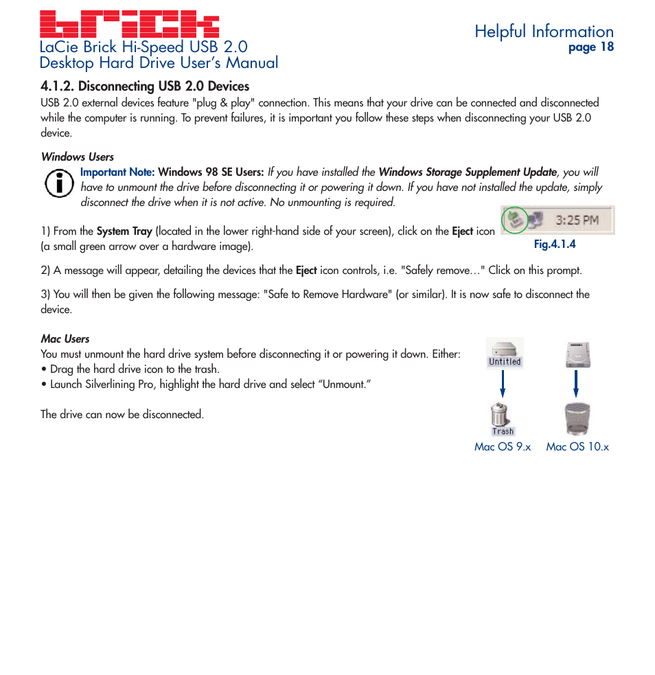 Disconnecting usb 2.0 devices, Helpful information | LaCie Brick User Manual | Page 18 / 28