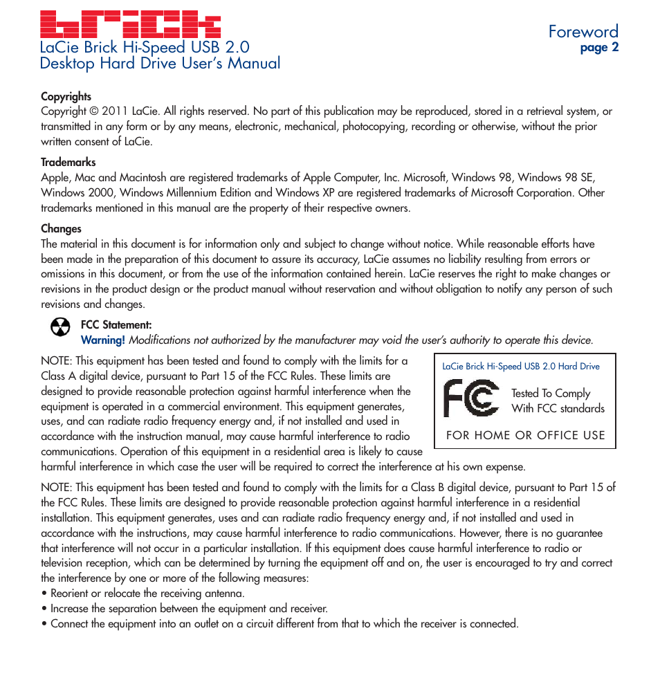 Foreward, Foreword | LaCie Brick User Manual | Page 2 / 28