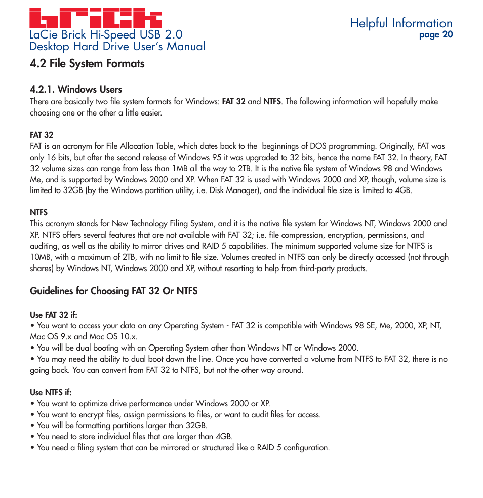 File system formats, Windows users, Helpful information | LaCie Brick User Manual | Page 20 / 28