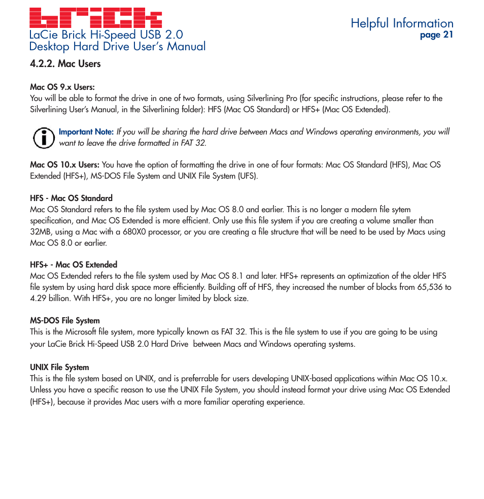 Mac users, Helpful information | LaCie Brick User Manual | Page 21 / 28