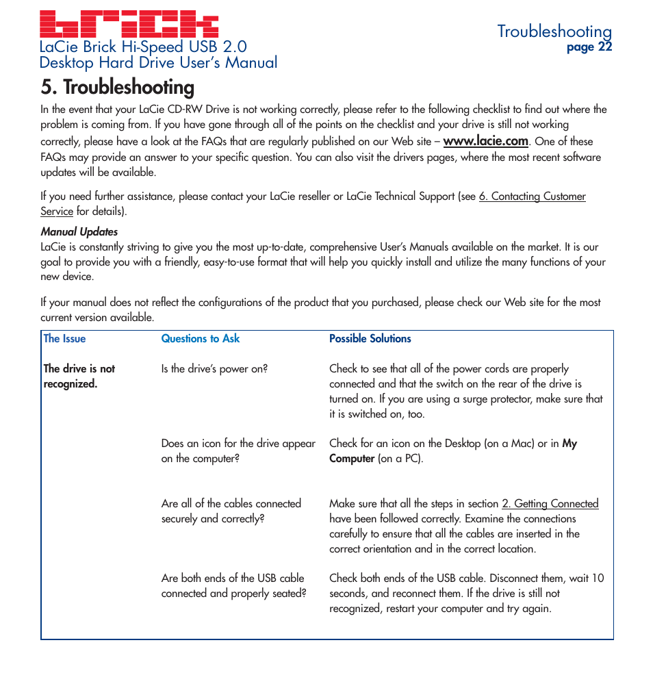 Troubleshooting | LaCie Brick User Manual | Page 22 / 28