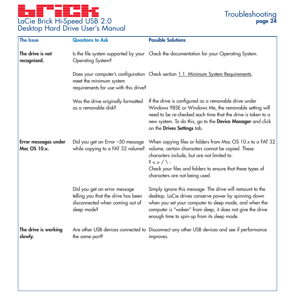 Troubleshooting | LaCie Brick User Manual | Page 24 / 28