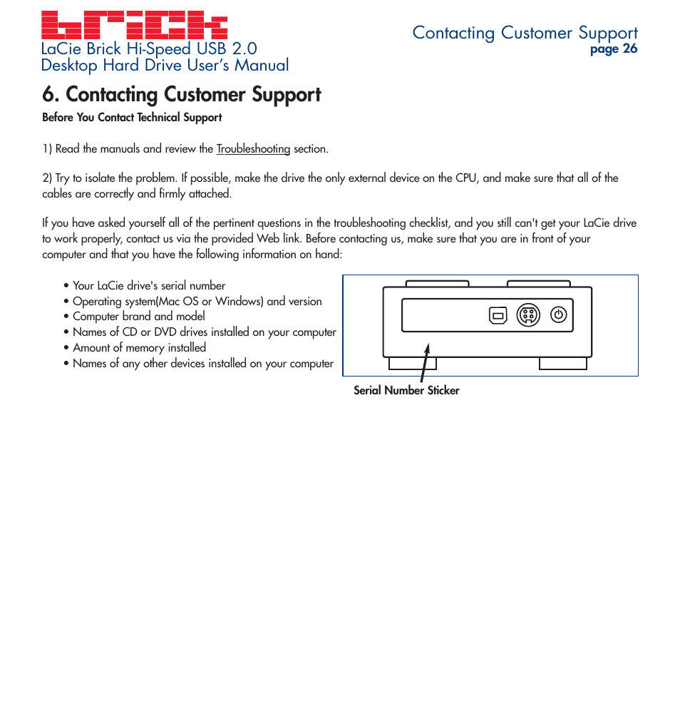 Contacting customer support | LaCie Brick User Manual | Page 26 / 28