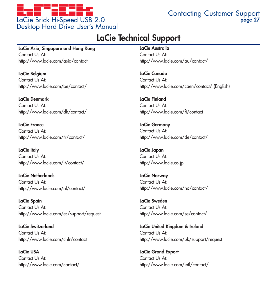 Lacie technical support, Contacting customer support | LaCie Brick User Manual | Page 27 / 28