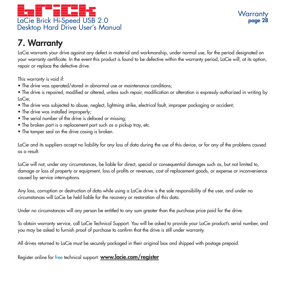 Warranty | LaCie Brick User Manual | Page 28 / 28