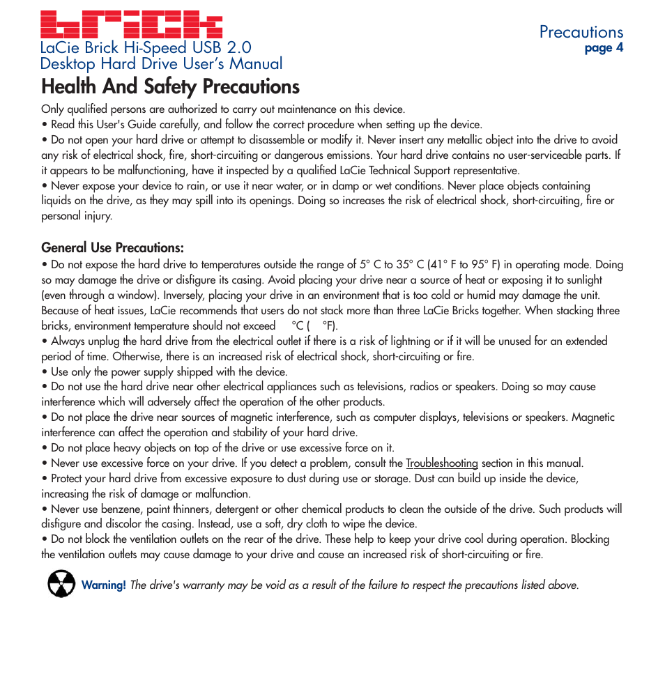 Precautions, Health and safety precautions | LaCie Brick User Manual | Page 4 / 28