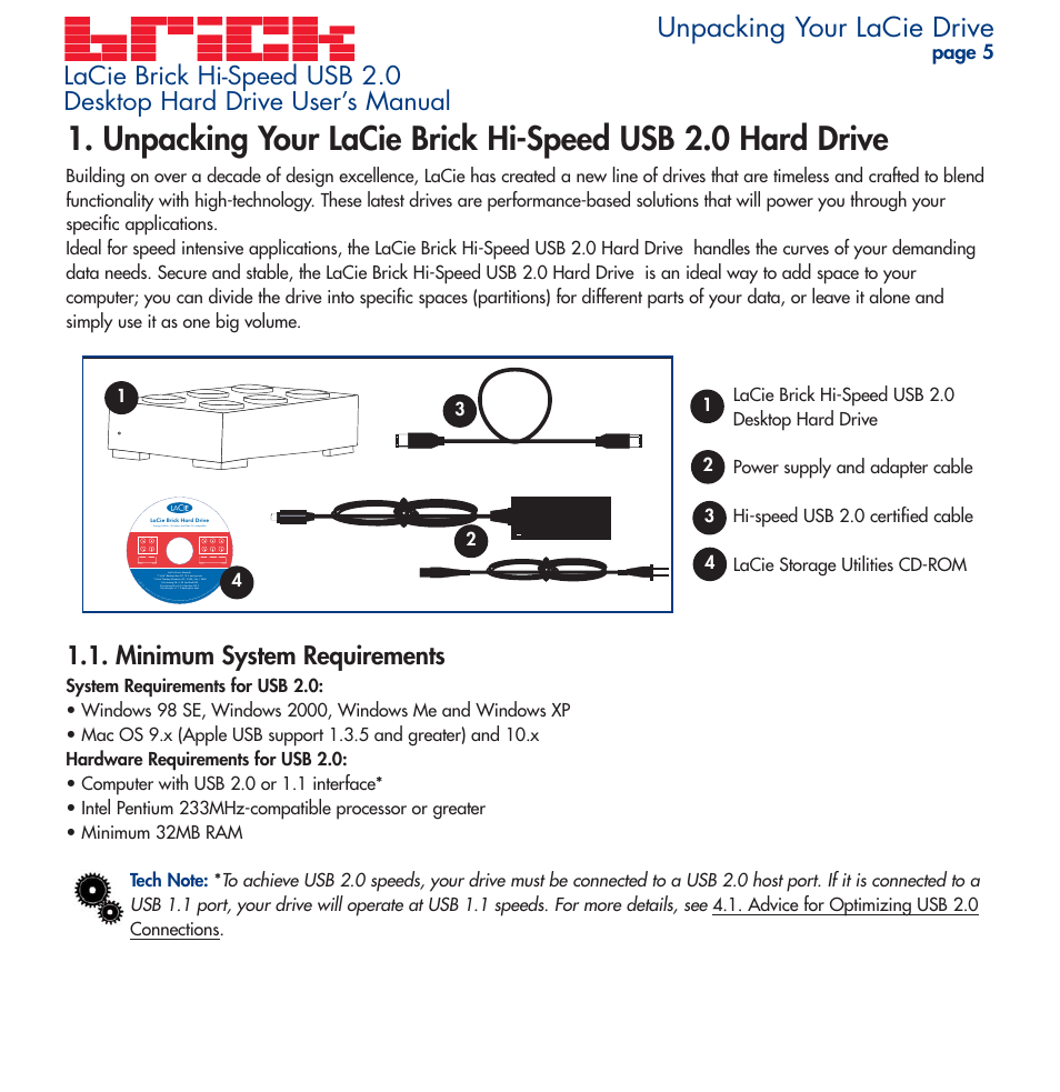 Unpacking your lacie drive, Minimum system requirements | LaCie Brick User Manual | Page 5 / 28
