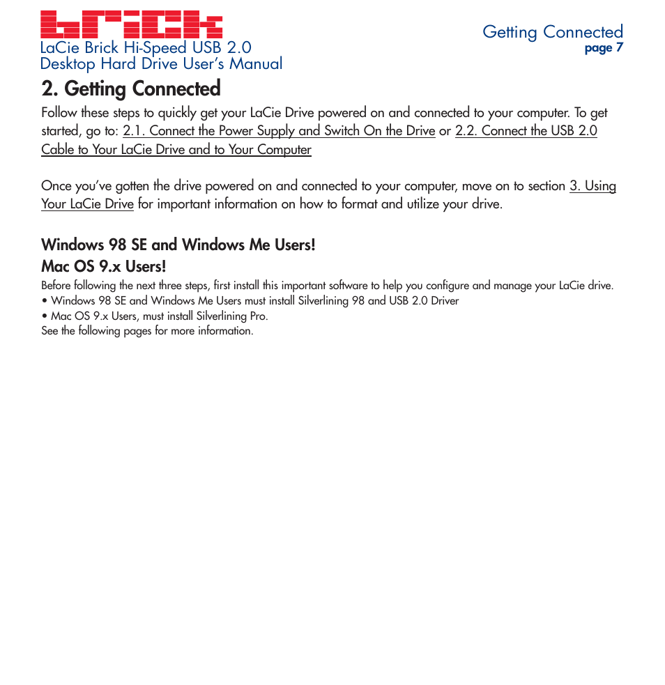 Getting connected | LaCie Brick User Manual | Page 7 / 28