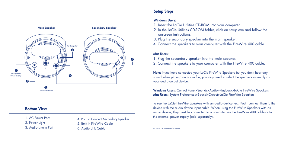 Bottom view, Setup steps | LaCie Speaker User Manual | Page 3 / 13