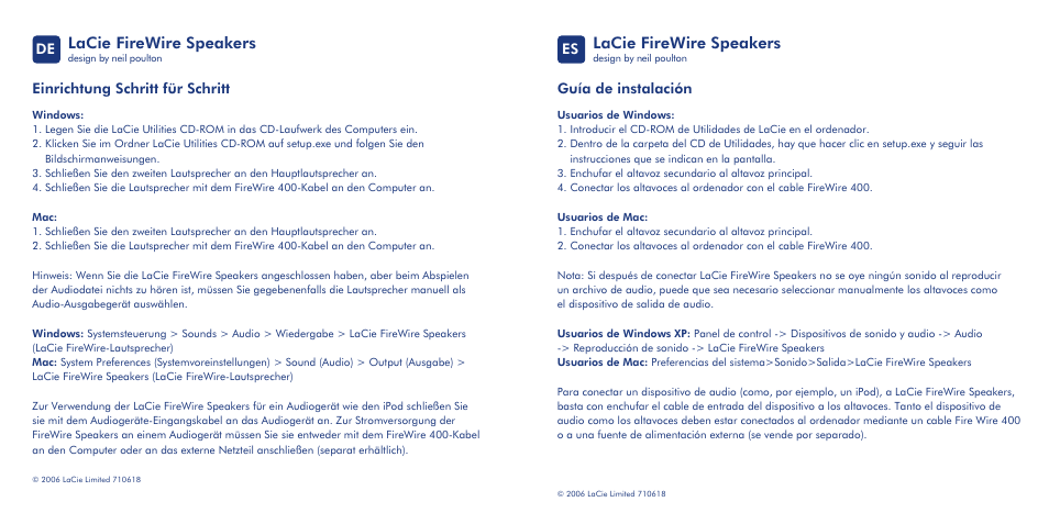 Lacie firewire speakers, Einrichtung schritt für schritt, Guía de instalación | LaCie Speaker User Manual | Page 5 / 13