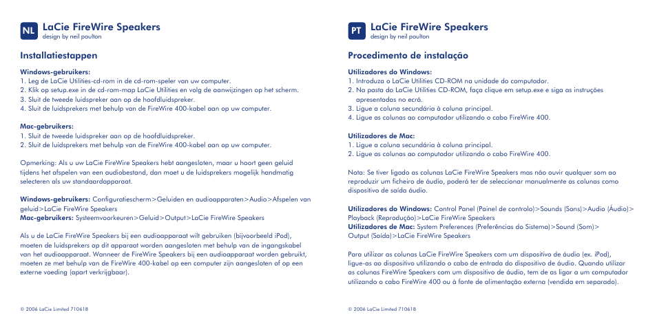 Lacie firewire speakers, Installatiestappen, Procedimento de instalação | LaCie Speaker User Manual | Page 6 / 13