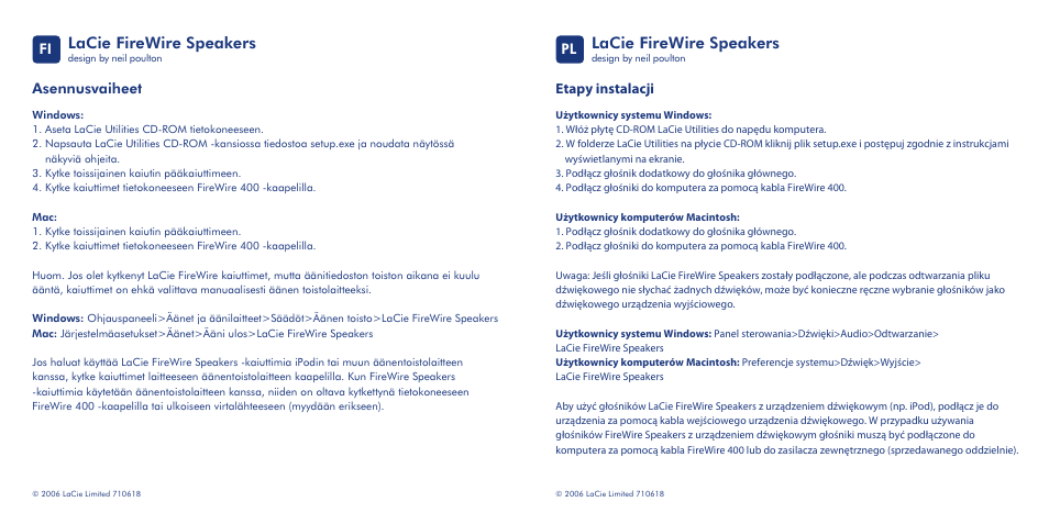 Lacie firewire speakers, Asennusvaiheet, Etapy instalacji | LaCie Speaker User Manual | Page 8 / 13