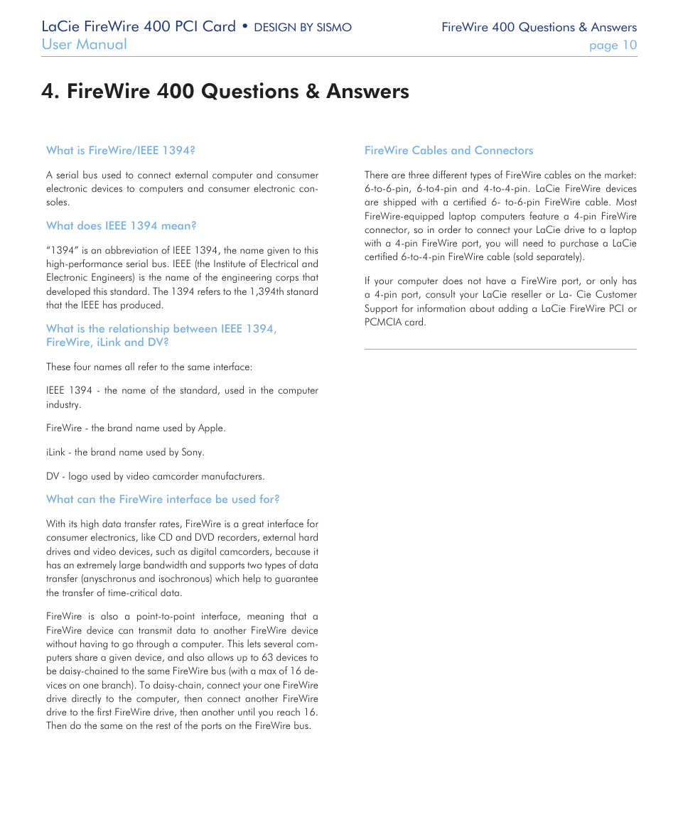 Firewire 400 questions & answers, Lacie firewire 400 pci card, User manual | LaCie 400 User Manual | Page 10 / 13
