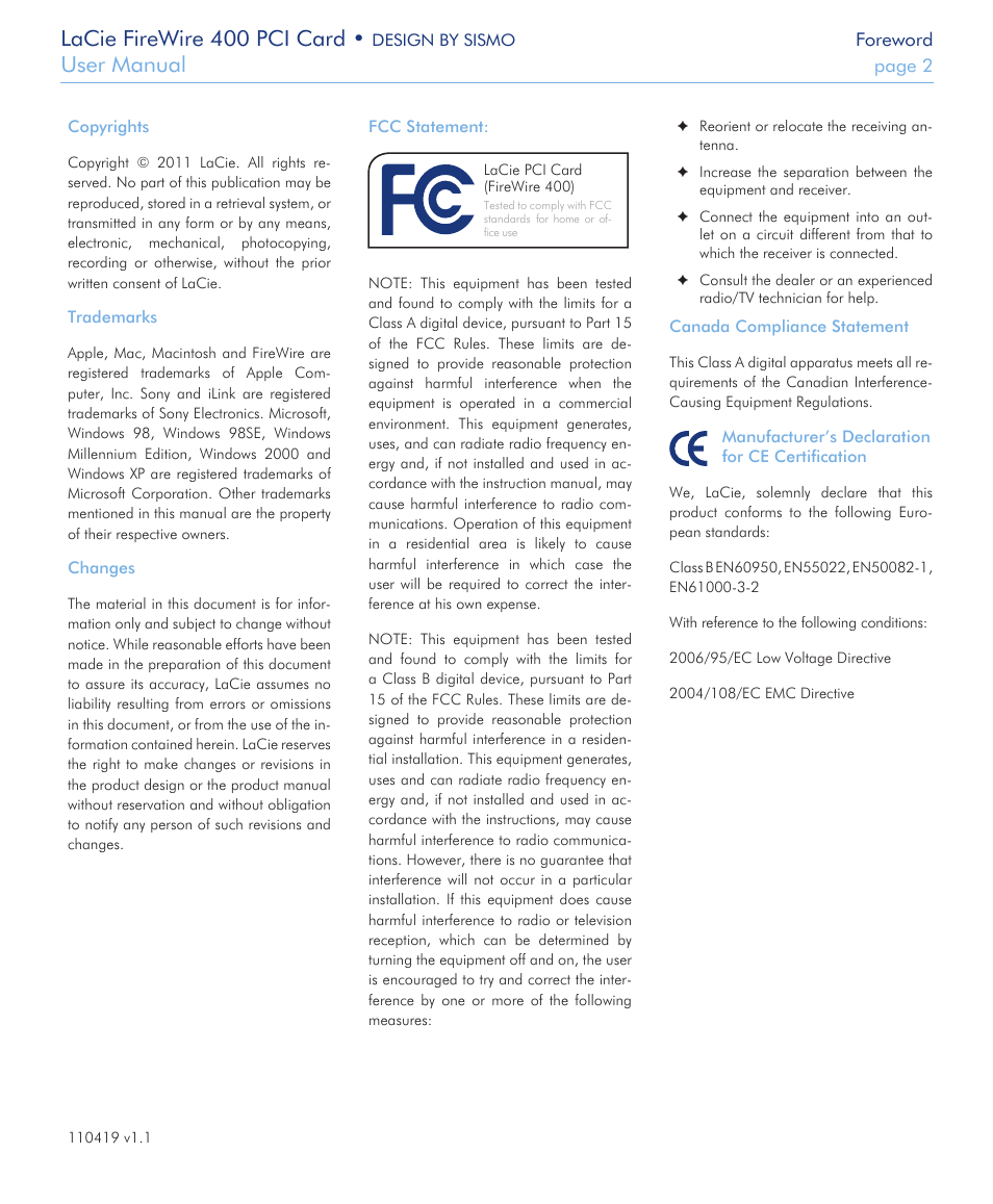 Lacie firewire 400 pci card, User manual | LaCie 400 User Manual | Page 2 / 13