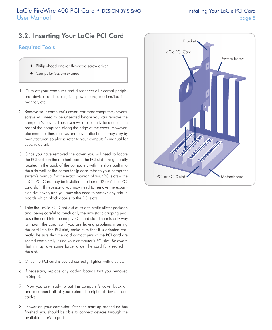 Inserting your lacie pci card, Lacie firewire 400 pci card, User manual | Required tools | LaCie 400 User Manual | Page 8 / 13