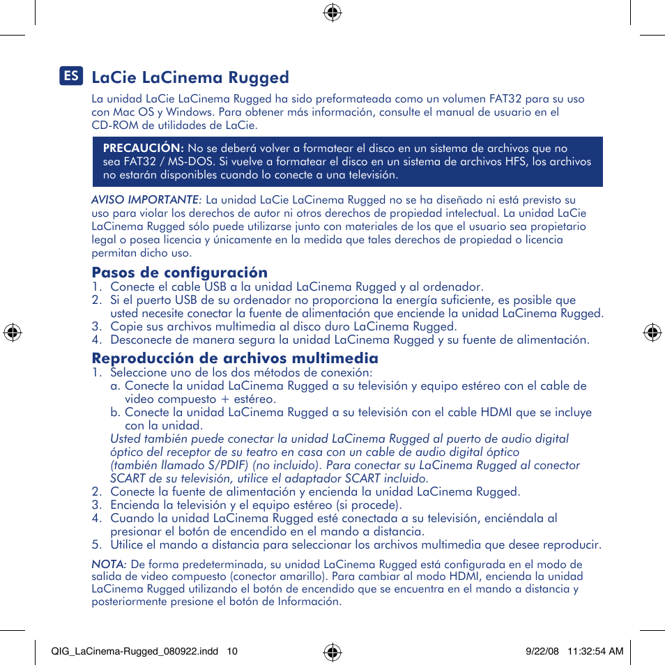 Lacie lacinema rugged, Pasos de configuración, Reproducción de archivos multimedia | LaCie LaCinema Rugged User Manual | Page 10 / 24