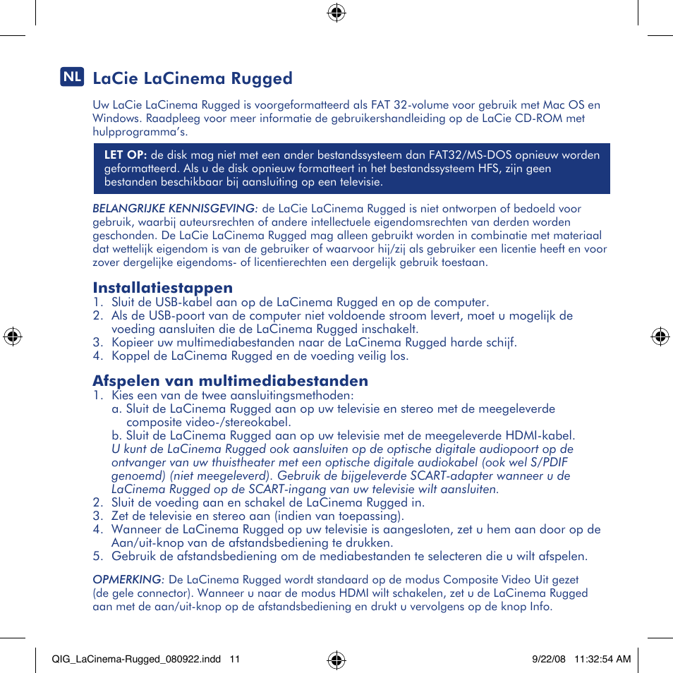 Lacie lacinema rugged, Installatiestappen, Afspelen van multimediabestanden | LaCie LaCinema Rugged User Manual | Page 11 / 24