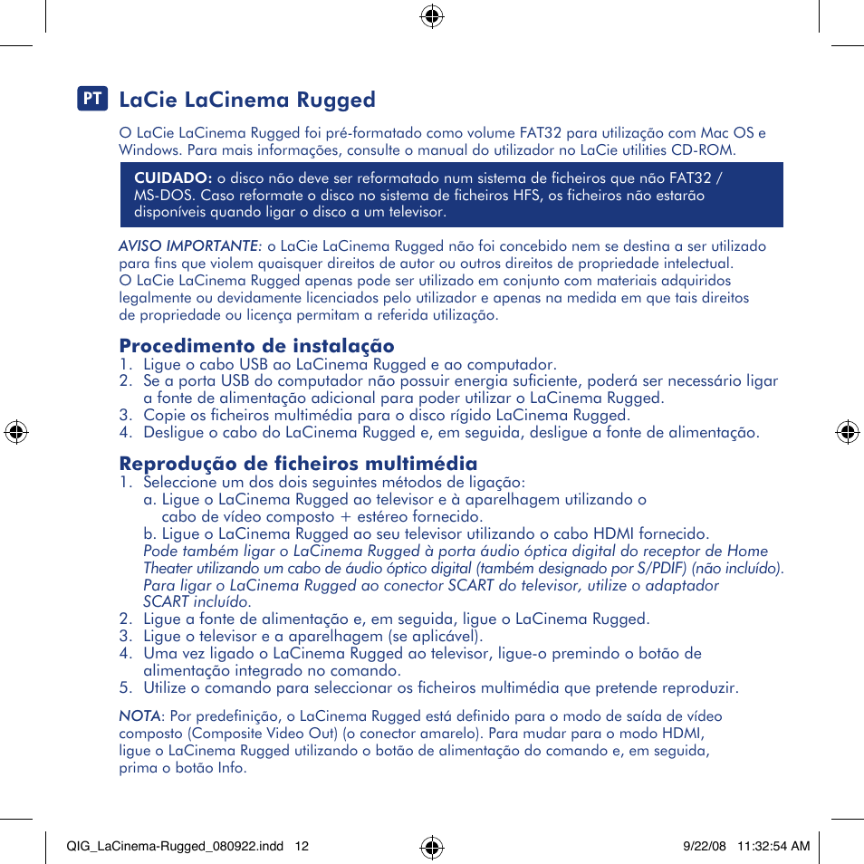 Lacie lacinema rugged, Procedimento de instalação, Reprodução de ficheiros multimédia | LaCie LaCinema Rugged User Manual | Page 12 / 24