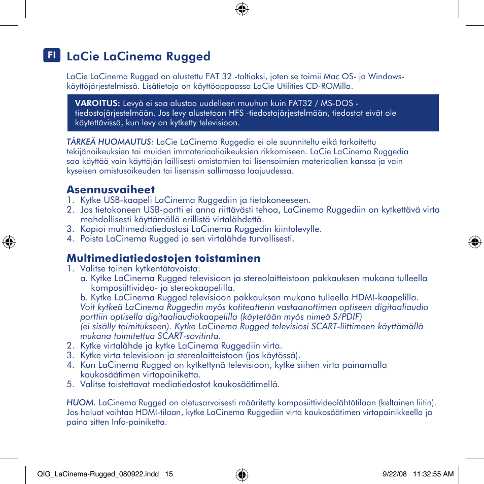 Lacie lacinema rugged, Asennusvaiheet, Multimediatiedostojen toistaminen | LaCie LaCinema Rugged User Manual | Page 15 / 24