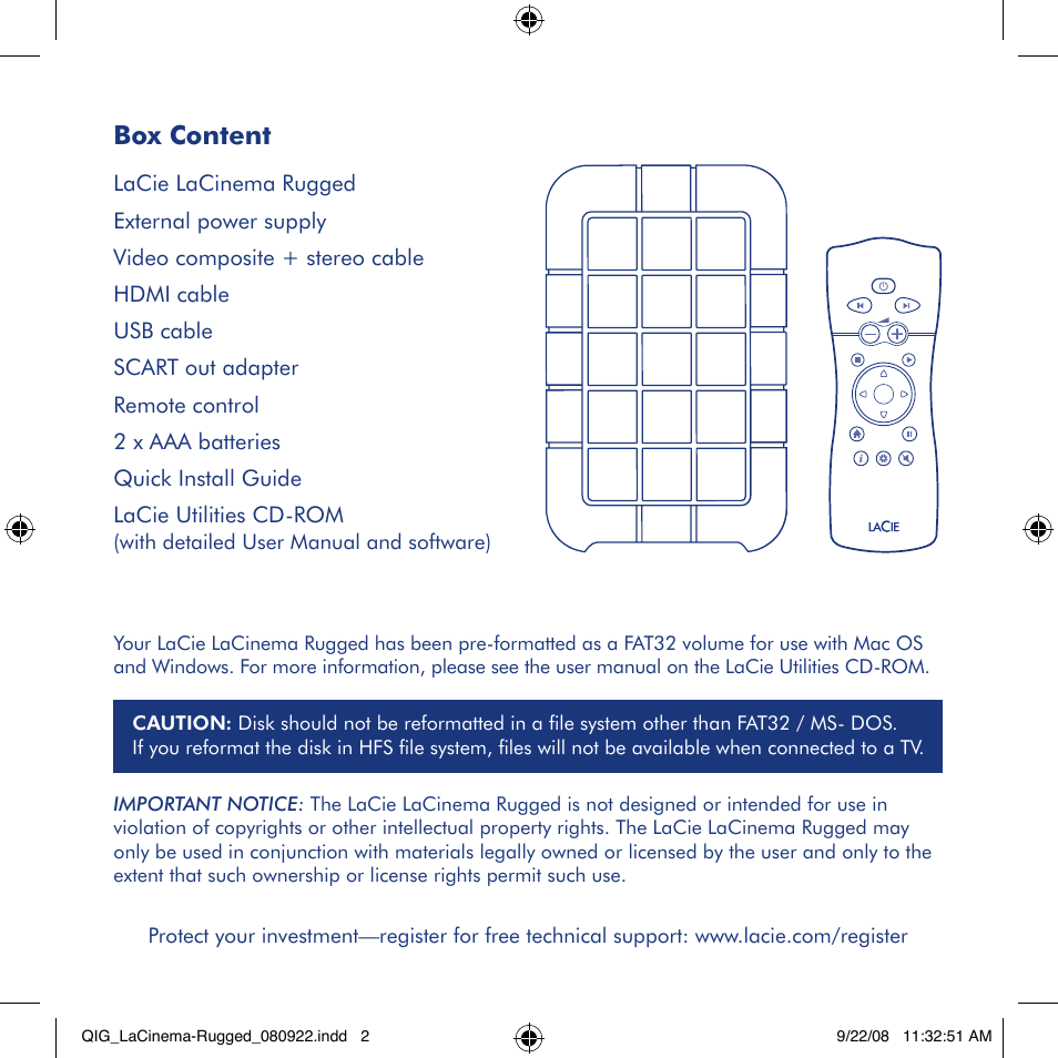 Box content | LaCie LaCinema Rugged User Manual | Page 2 / 24